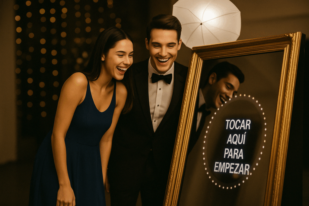 Pareja usando espejo mágico para fotos en evento elegante con iluminación de estudio y fondo decorativo