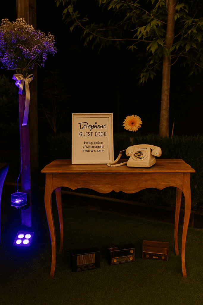 Teléfono Guest Book decorado para evento nocturno con estética elegante